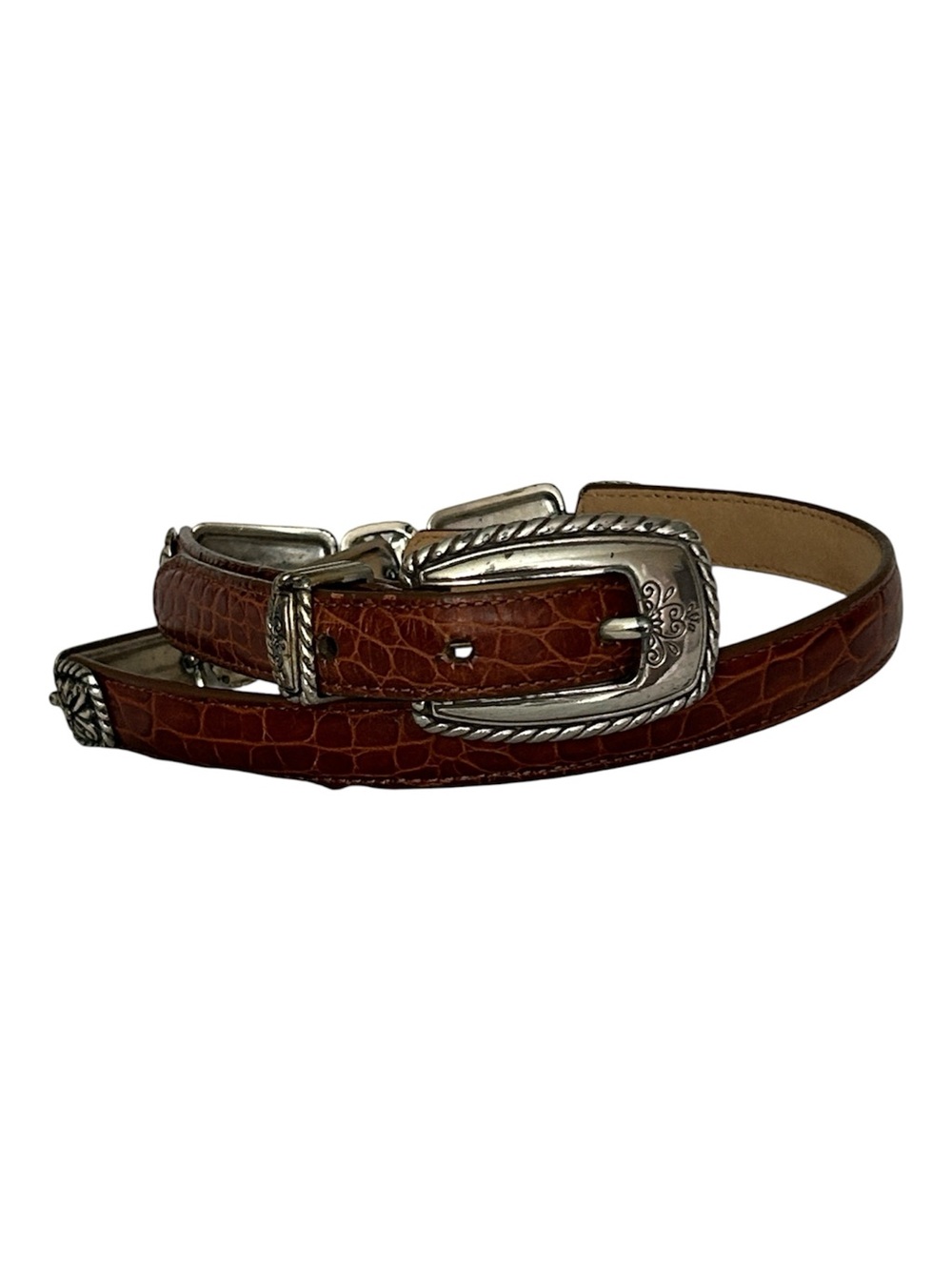 Brighton Brown Croc-Embossed Leather Belt with Silver Western Buckle. Size ML 32